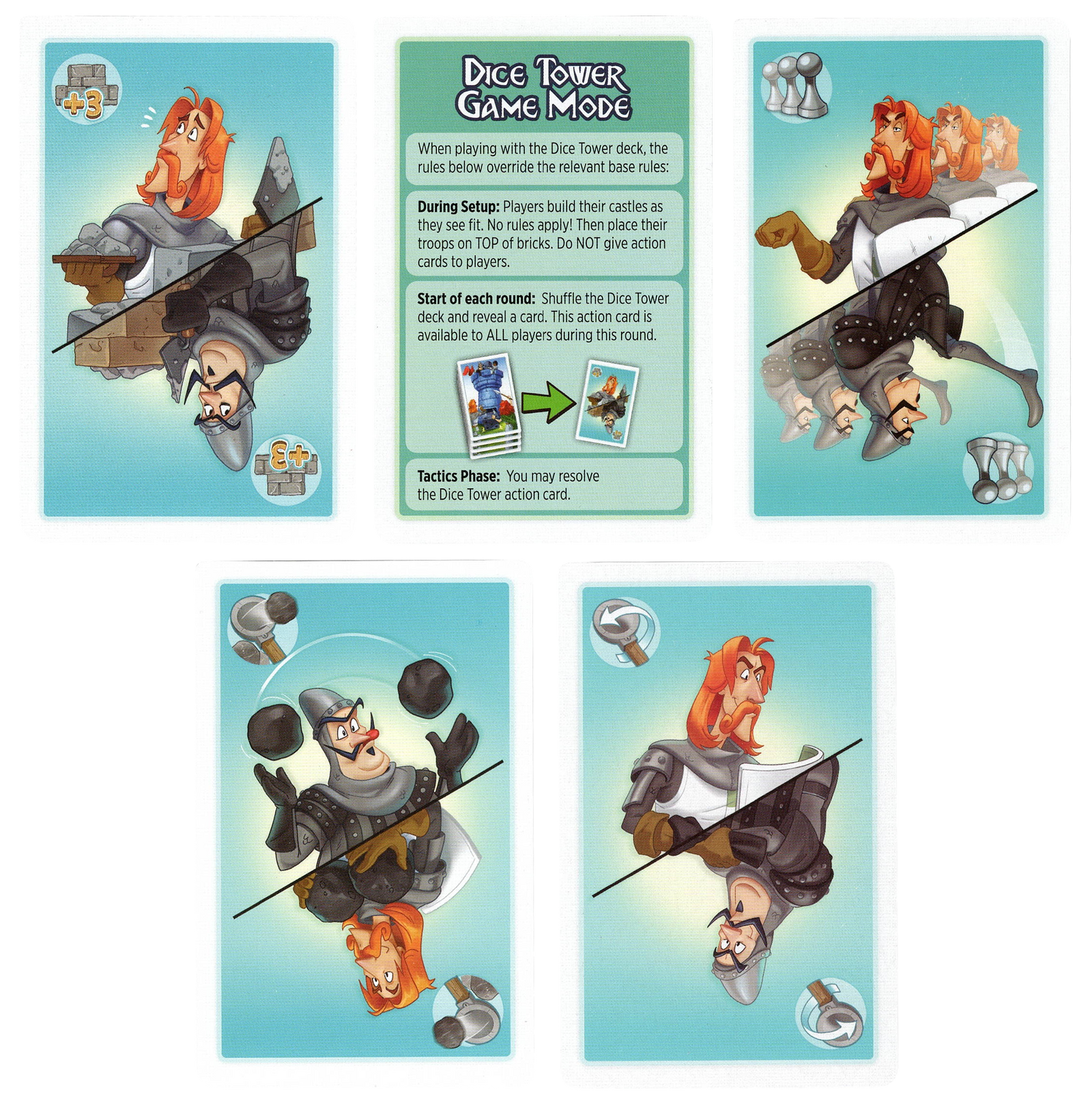 A set of five cards for use with the board game Catapult Feud. Four of the cards show a cartoon character on the top half, and a mirrored, opposing character on the bottom. The fifth and final card is the instructions on how to utilize these promo in the game.