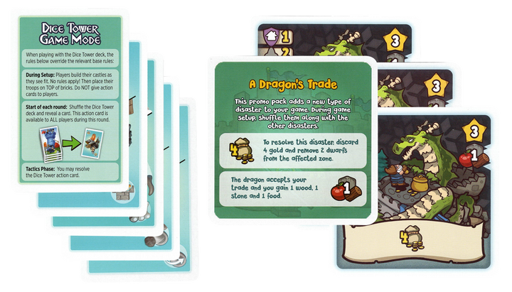 A set of two promos, for use with the board games Catapult Feud and Dwar7s Winter. Each set comes with an instruction card and a variety of cards to use in the game.