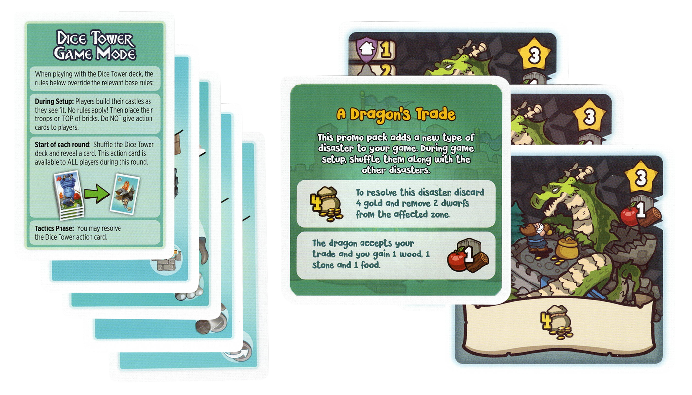 A set of two promos, for use with the board games Catapult Feud and Dwar7s Winter. Each set comes with an instruction card and a variety of cards to use in the game.