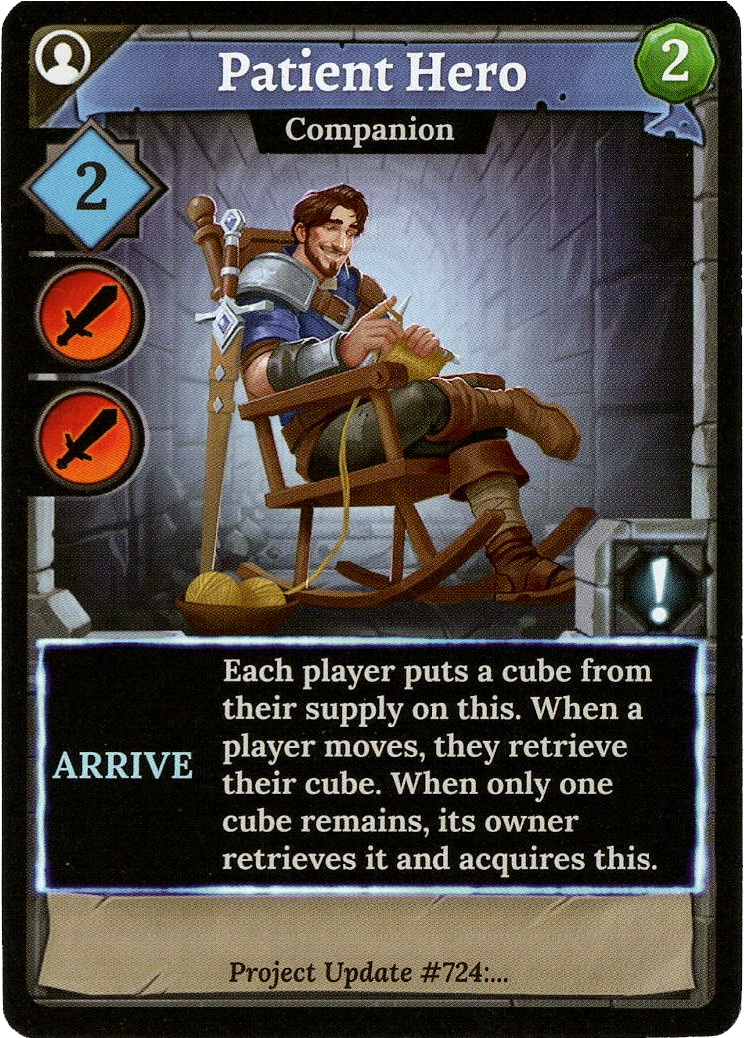 A photo of the promo card Patient Hero for use with the board game Clank! The card features its title at the top, symbols and numbers on left side, an illustration of a man in armor sitting in a rocking chair knitting, and text at the bottom describing the card's effect in the game.