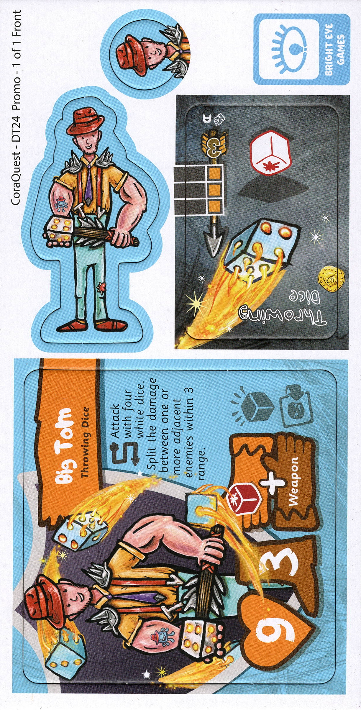A photo of a cardboard punchboard for use with the board game CoraQuest. The punchboard displays a male character in a fedora with a dice-shape mace, a rectangular card entitled "Towering Dice" with a picture of a die on fire, and a rectangular character sheet with the same illustration of the man and mace, including a text description and symbols that describe his abilities in the game.