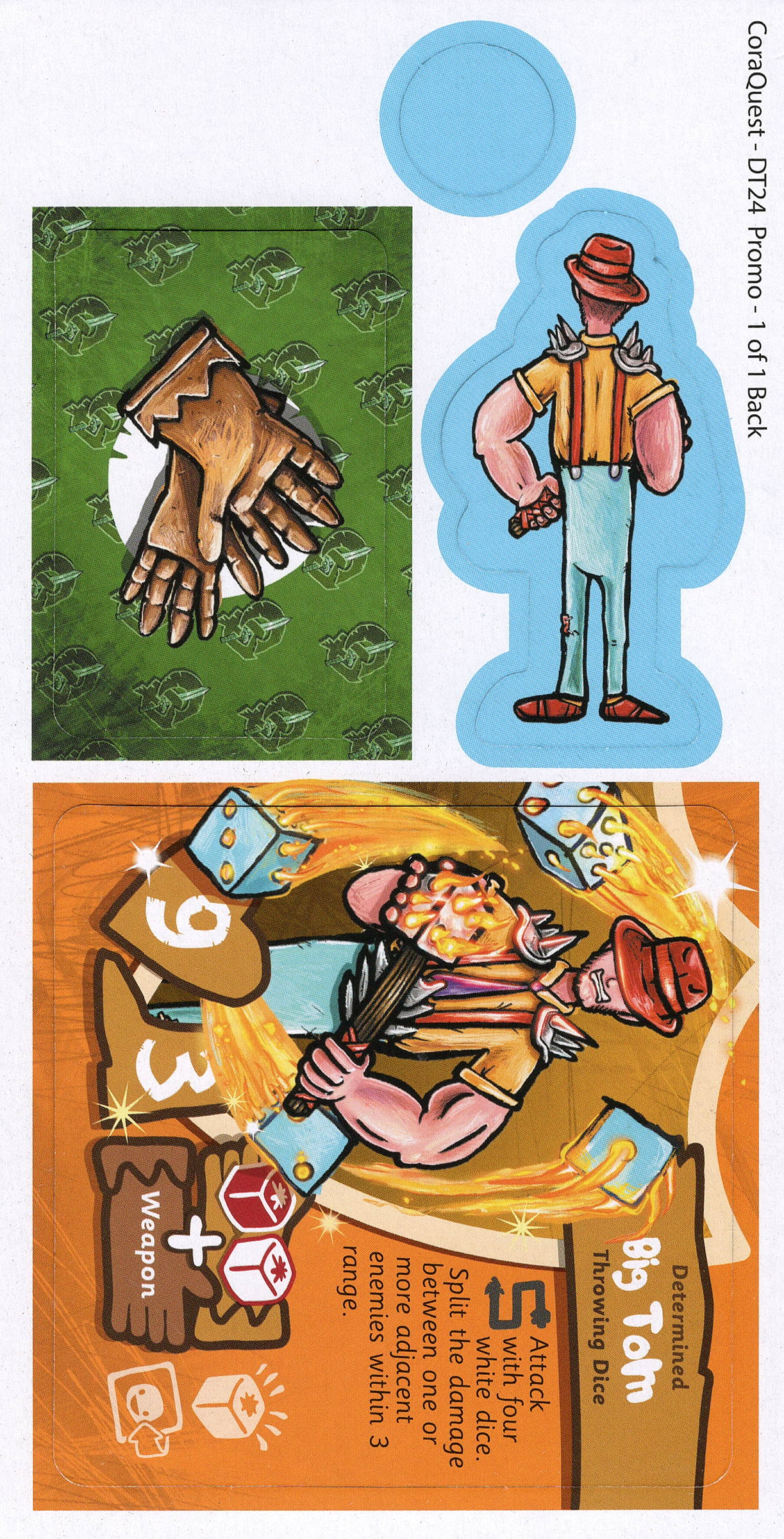 A photo of a cardboard punchboard for use with the board game CoraQuest. The punchboard displays the image of the back of a male character in a fedora, a rectangular card with an illustration of gloves on a green background, and a rectangular character sheet with the same illustration of the man from the front, including a text description and symbols that describe his abilities in the game.