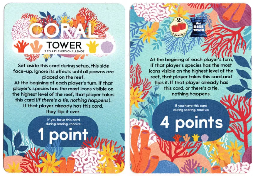 A picture of both the front and back side of a single card for use with the board game Coral. On one side of the card is the card's title, text describing it's ability in the game, a floating text box labeled "One point", all on an underwater background with colorful coral at the bottom. The other side of the card has company logos at the top, text in the middle, and a floating text box labeled "Four points", all on an underwater background with colorful coral at the sides and bottom.