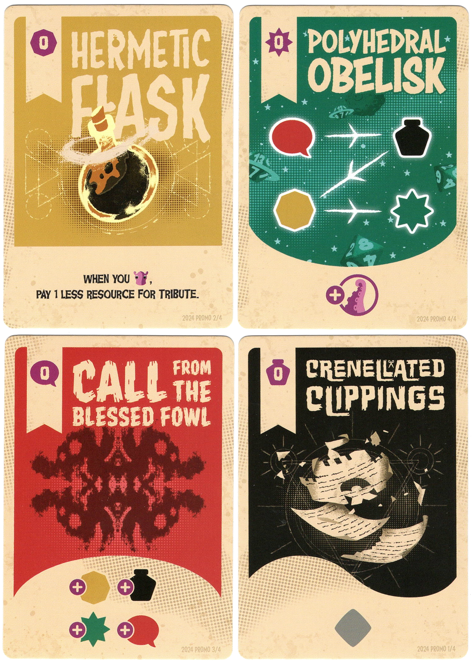 A photo of four promo cards for use with the board game Cosmoctopus. Each card has a bold and large title, a mostly monochrome illustration, and symbols at the bottom that define the card's ability in the game.