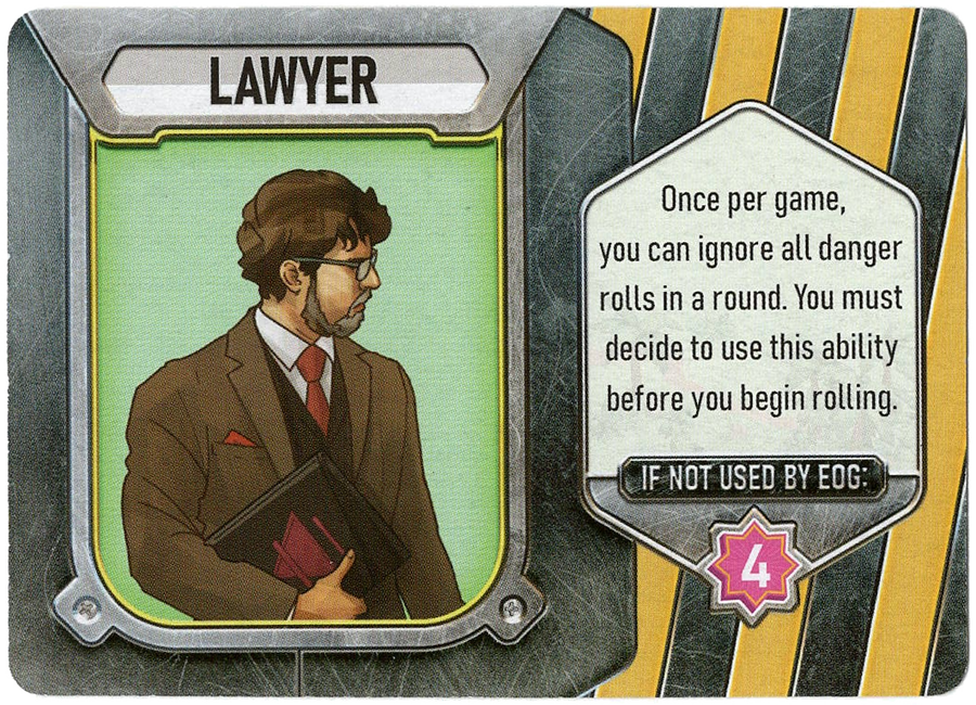A single card for use with the board game Dinosaur World, featuring an illustration of a bearded man in the suit holding a portfolio, the label of "lawyer" over the image, and text describing the card's ability in the game on the right.