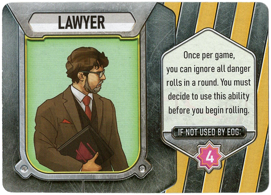 A single card for use with the board game Dinosaur World, featuring an illustration of a bearded man in the suit holding a portfolio, the label of "lawyer" over the image, and text describing the card's ability in the game on the right.