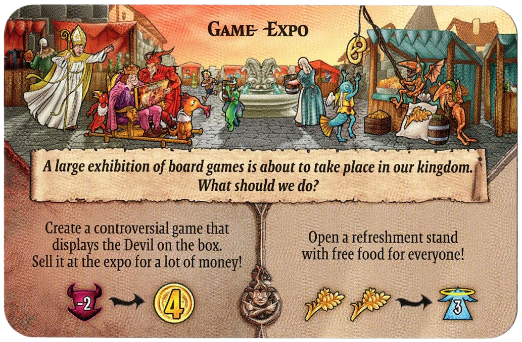 A single card for use with the board game Deal With The Devil, which displays an illustration of a medieval fair at the top, a narrative text box in the middle, and a combination of text and symbols at the top.