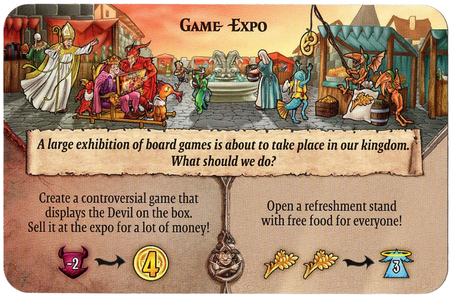 A single card for use with the board game Deal With The Devil, which displays an illustration of a medieval fair at the top, a narrative text box in the middle, and a combination of text and symbols at the top.