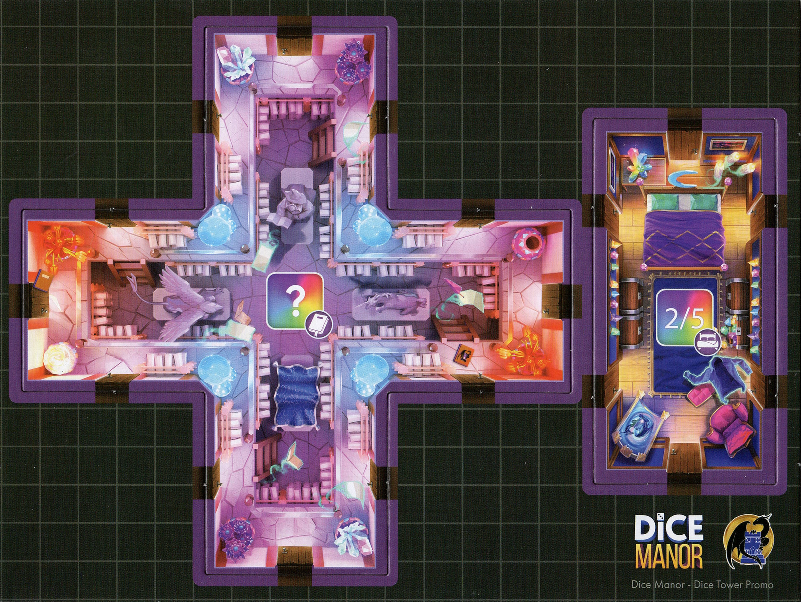 A photo of the cardboard punchboard for The Dice Tower promo for the board game Dice Manor. The cardboard sheet shows overhead views of two rooms: one rectangular and one cross-shaped, both on a dark gray grid background. The rooms are colorful but primarily colored purple.