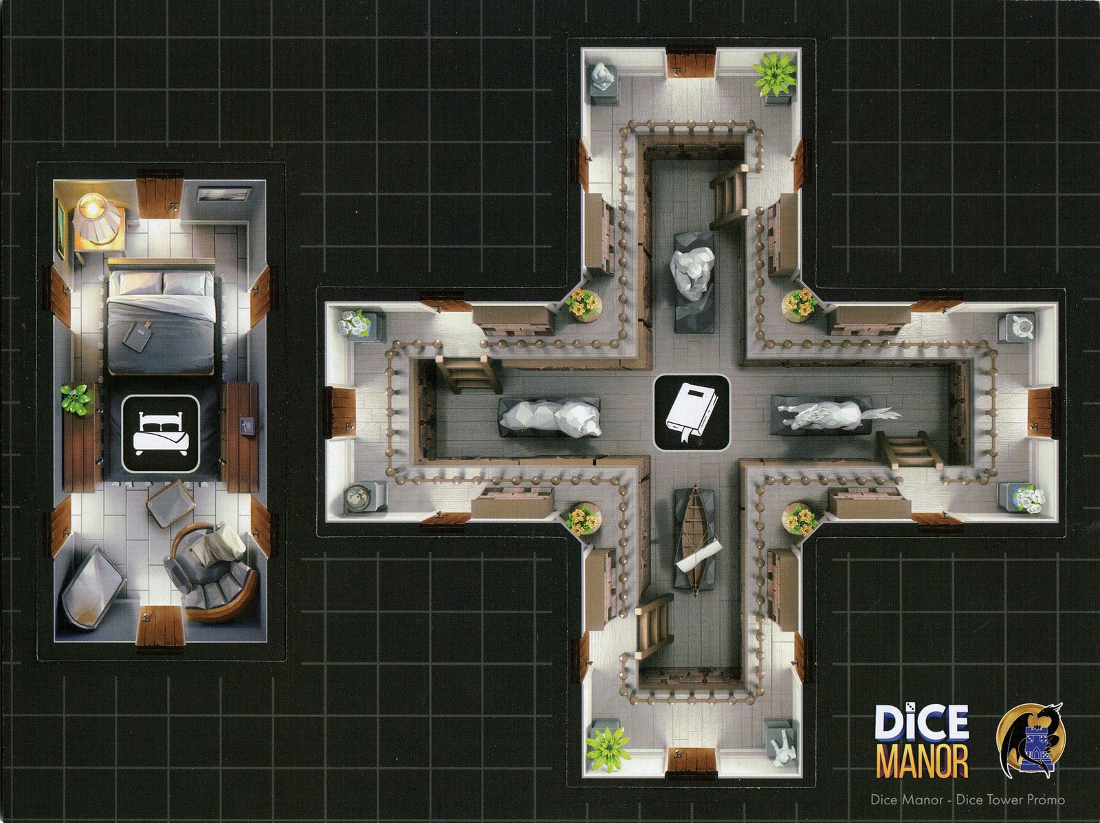 A photo of the cardboard punchboard for The Dice Tower promo for the board game Dice Manor. The cardboard sheet shows overhead views of two rooms: one rectangular and one cross-shaped, both on a dark gray grid background.