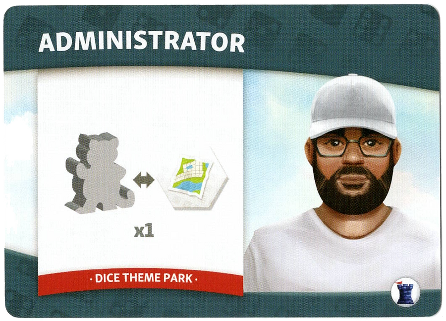 A single card for use with the board game Dice Theme Park, featuring symbols depicting the card's ability on the left side and an illustration of a man with a beard, glasses, white shirt and white hat on the right side.