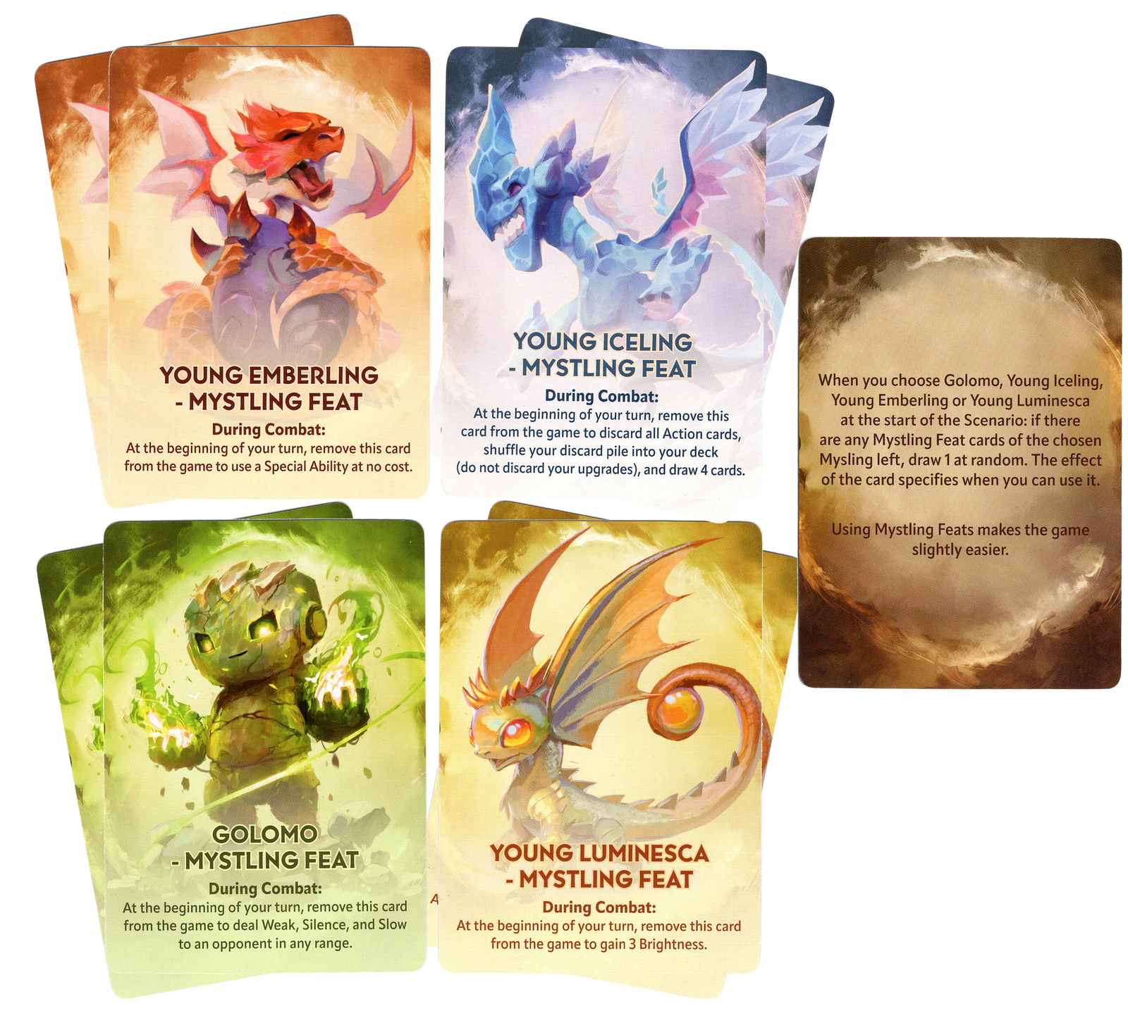 A photo of nine card that comprise the Mystling Feat promo, for use in the baord game Dragon Eclipse. Eight of the cards have illustrations of baby dragons: two with identical red dragon, two with identical white dragon, two with identical green dragons, and two with identical yellow dragons. Each of those eight cards also have the card's title and text describing the card's ability in the game at the bottom. The ninth card is text only on a swirling brown background, and provides general instructions.