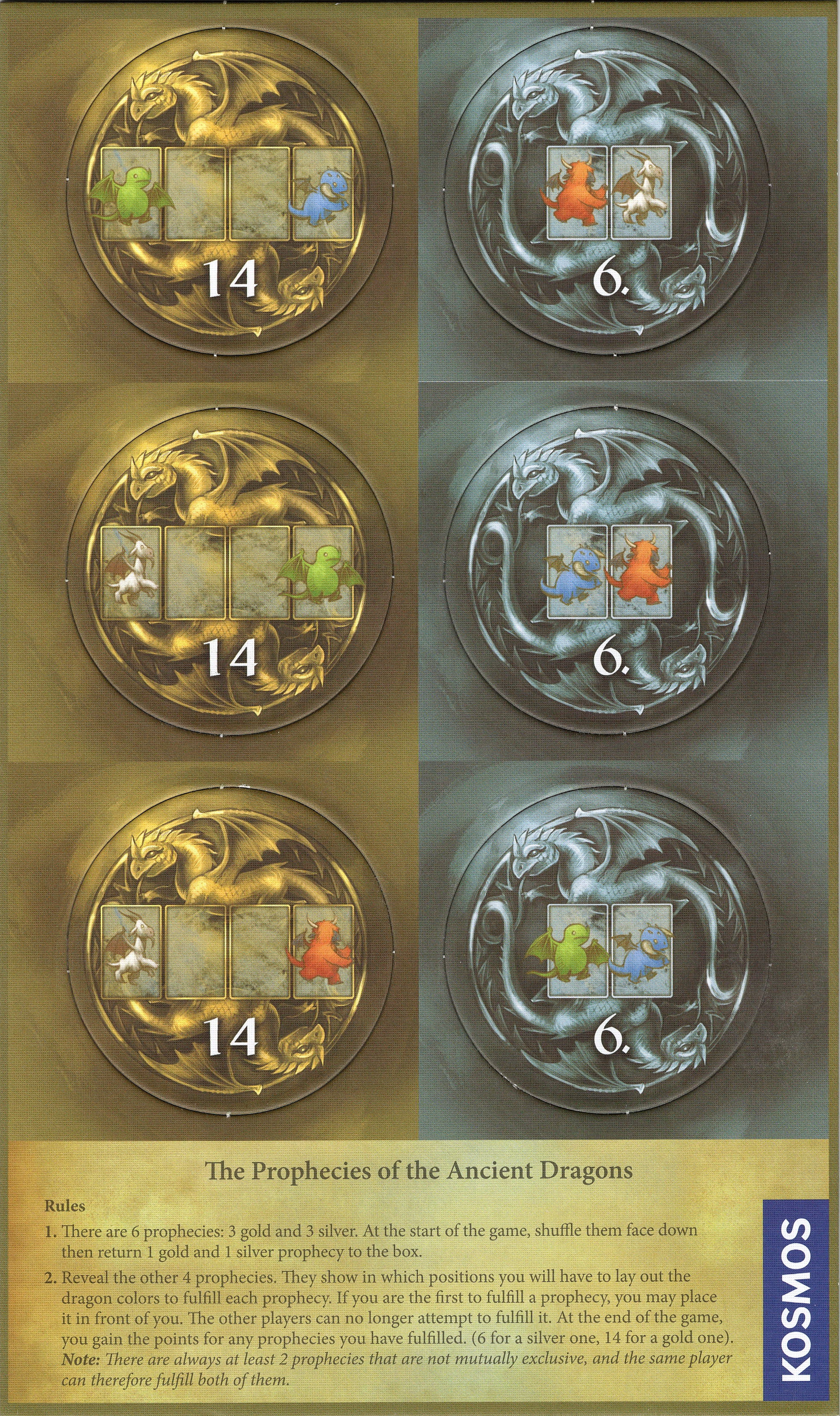 A photo of the cardboard punchboard of the promo Prophecies of the Ancient Dragons, for use with the board game Dragonkeepers. This cardboard sheet displays six circles, three gold and three silver, each with symbols and a number in the center. At the bottom of the punchboard is text in English with the promo's rules and the publisher's logo.