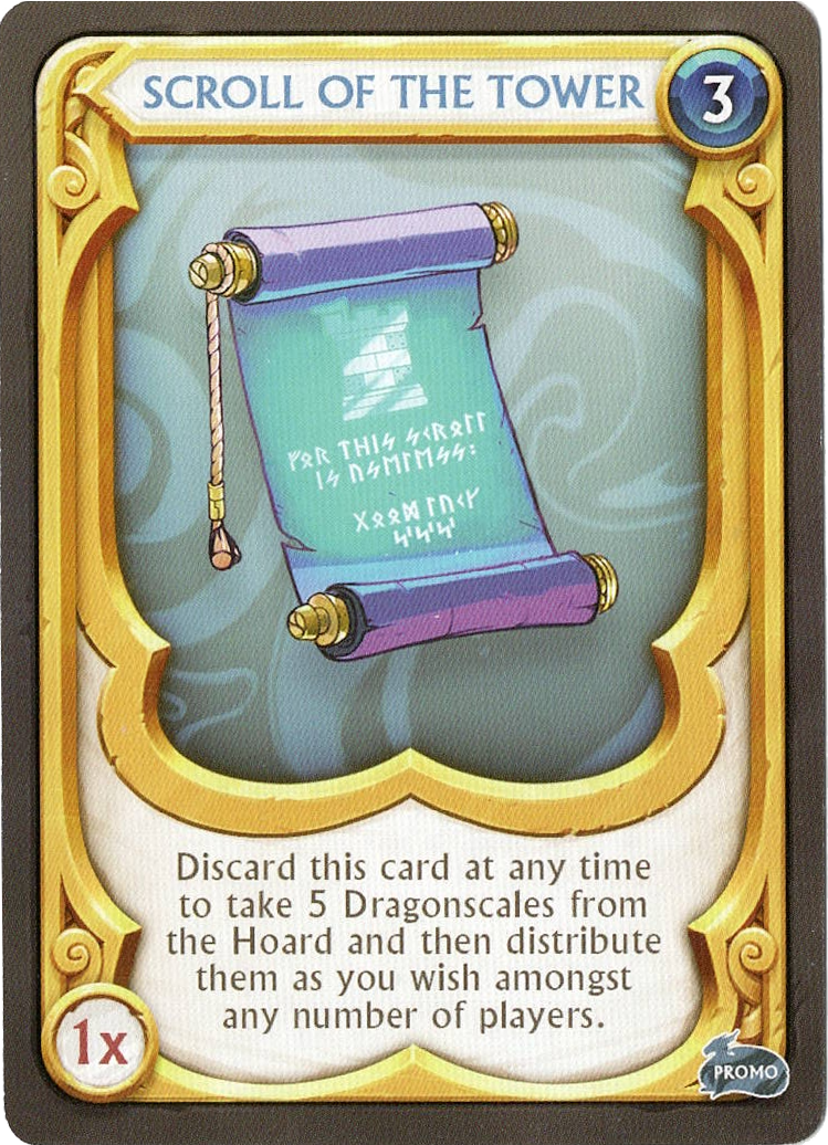 A single promo card for the board game Dragonscales, featuring the card's title at the top, an illustration of an unrolled scroll in the middle, and text the describes the card's abilities at the bottom.