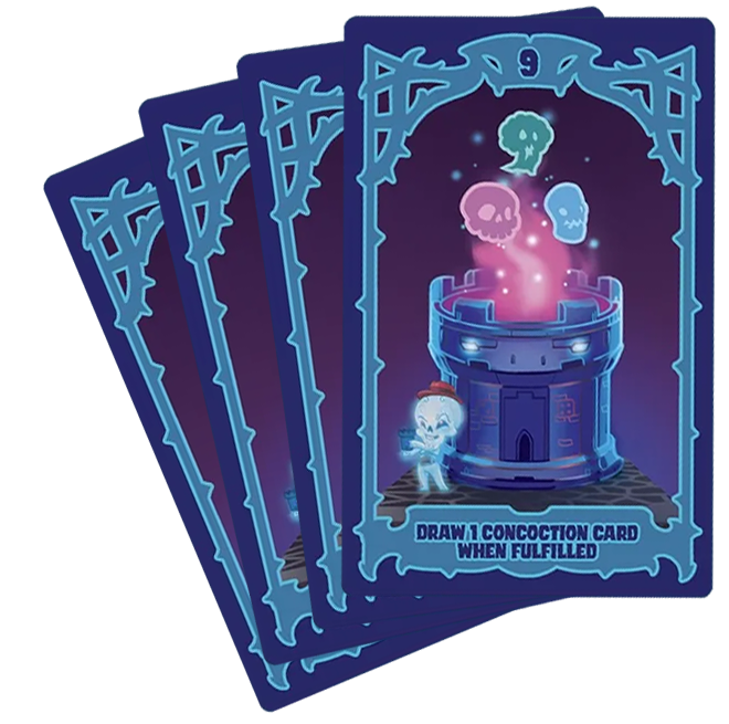 A photo of four cards that consist of the Concoctions promo for use with the board game Dreadful Meadows. Each card has an illustration of smokey skulls rising from a tower-shaped cauldron, and a ghost wearing a fedora standing nearby.