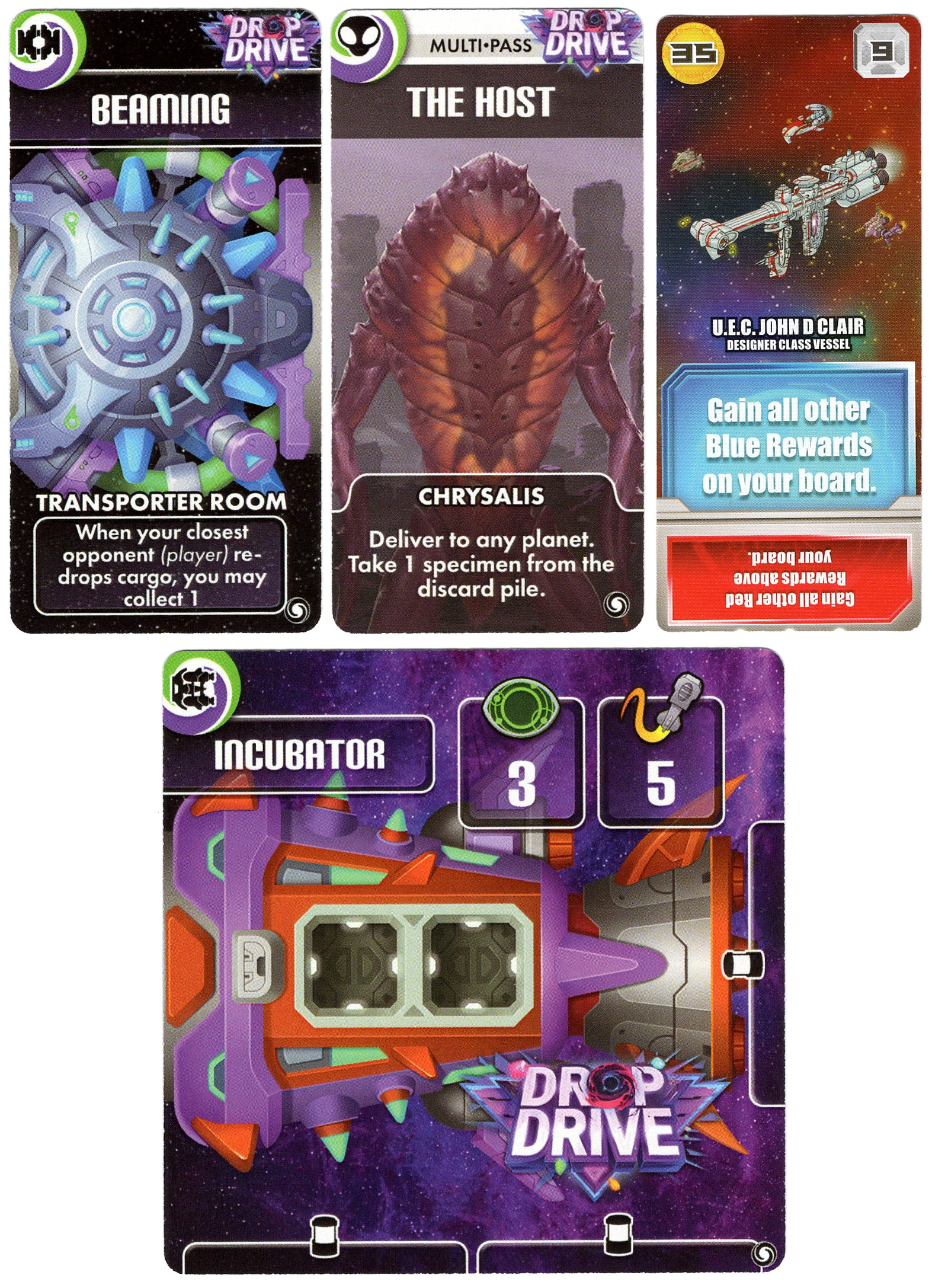 A set of four cards for the board game Drop Drive, against a white background. Three of the cards are shaped as long rectangles, with a single large picture in the middle and text at the top and bottom that describes the cards' abilities in the game. The fourth card is a square, has the title "Incubator" printed at the top, and some symbols around the edges.