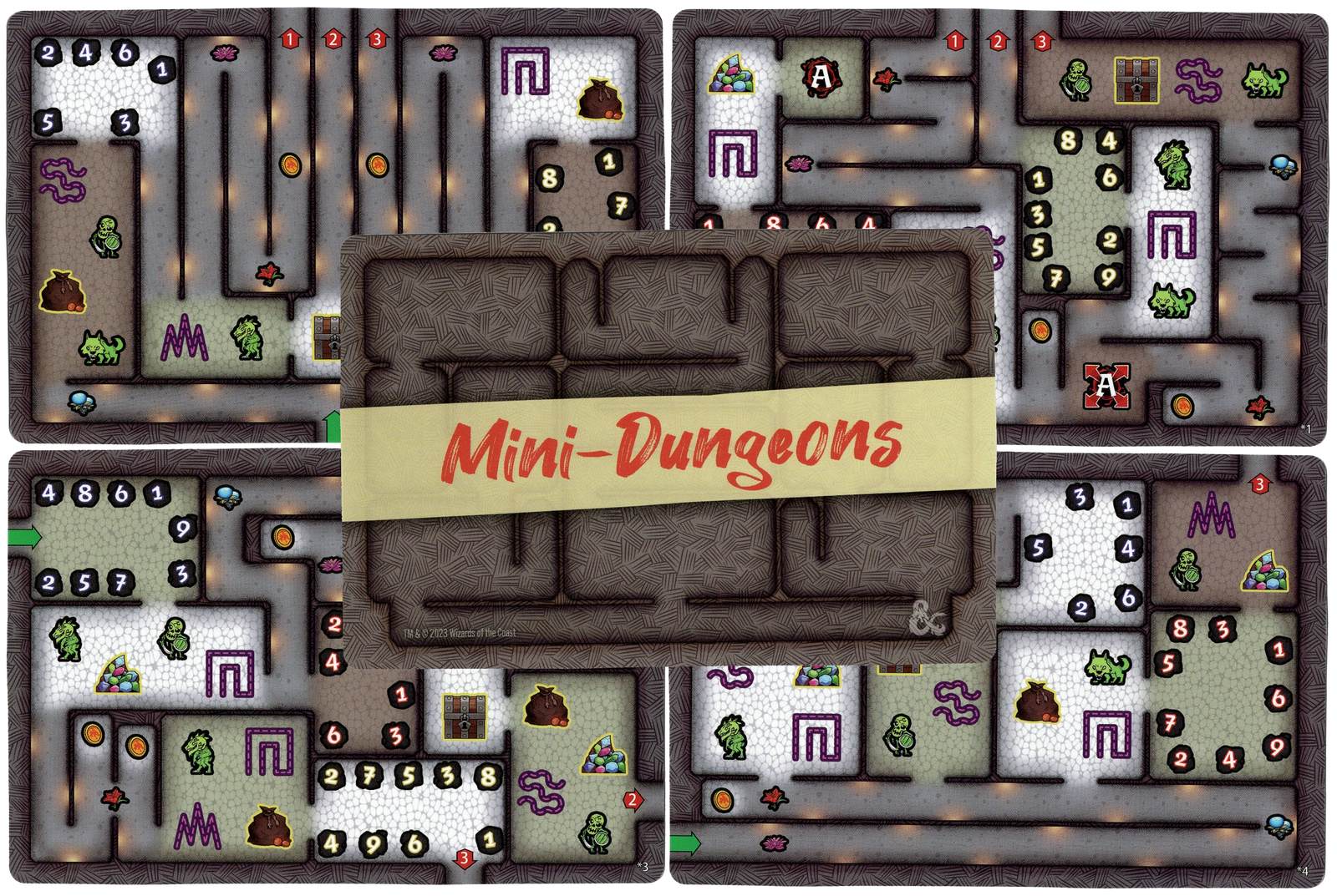 An array of five cards for use with the board game Dungeons & Dragons: Dungeon Scrawlers – Heroes of Waterdeep. Four cards display an overhead view of a cartoon map. The center card has the name of the promo pack printed in the center.