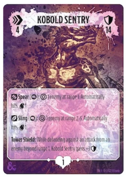 A photo of a single card for use with the board game Dungeons & Dragons: Onslaught. The card displays an illustration of the monster on the top half of the card and text describing the card's ability in the card on the bottom.