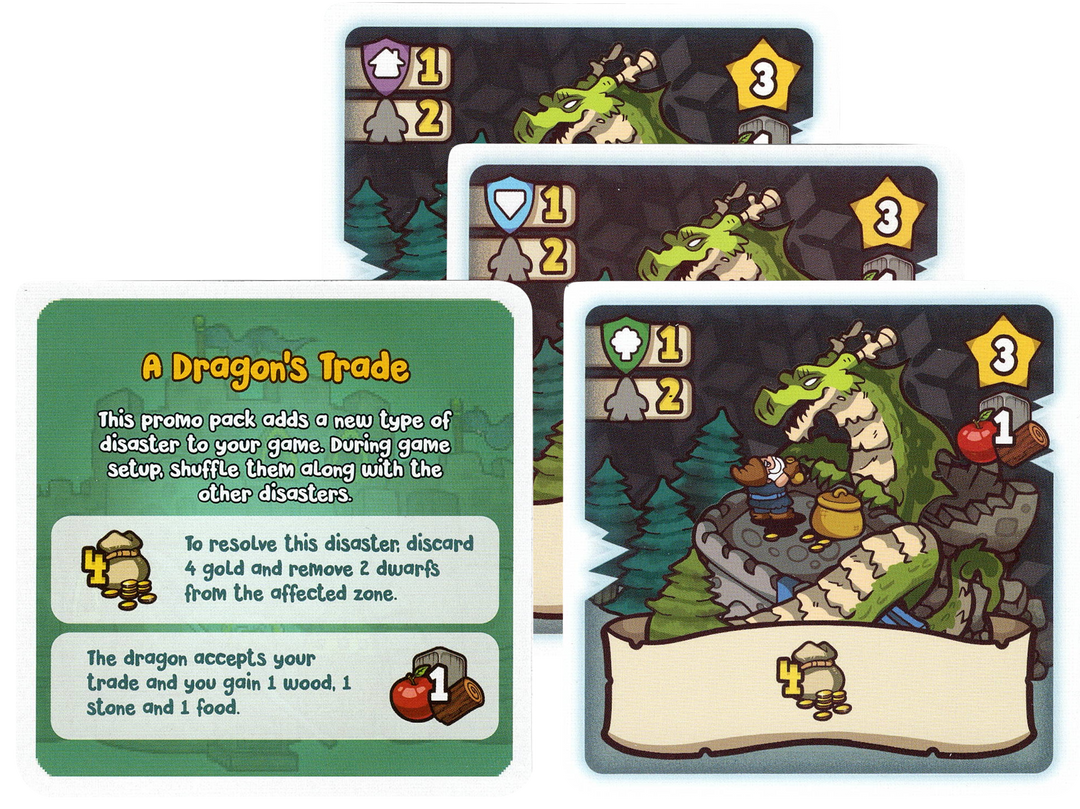 A set of four cards for use with the board game Dwar7s Winter. Three of the cards depict a cartoon illustration of a dragon, and symbols on the sides and bottom that show the card's ability in the game. The fourth and final card is the instructions on how to use these promo cards in the base game.