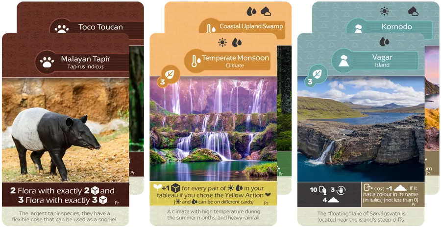 A composite image of six cards for use with the board game Earth, featuring a image of animals or landscapes in the middle, the title at the top, and text describing the card's effect in the game at the bottom.