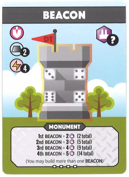 A single card for use in the board game Fantastic Factories, featuring an illustration of a tower made from dice, the name of the card at the top, and both symbols and text that describe the card's abilities on the sides and bottom.