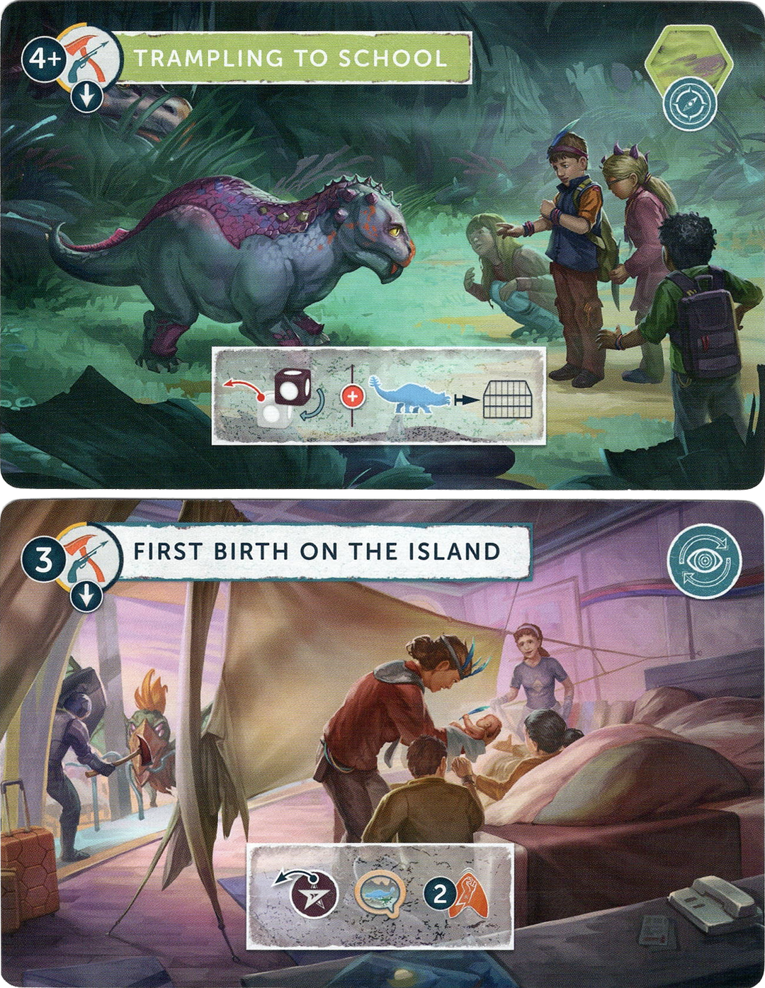 Two promo cards for use with the board game Perseverance: Castaway Chronicles, featuring children in the woods reaching out to a small dinosaur and a woman in a tent being handed a newborn baby.
