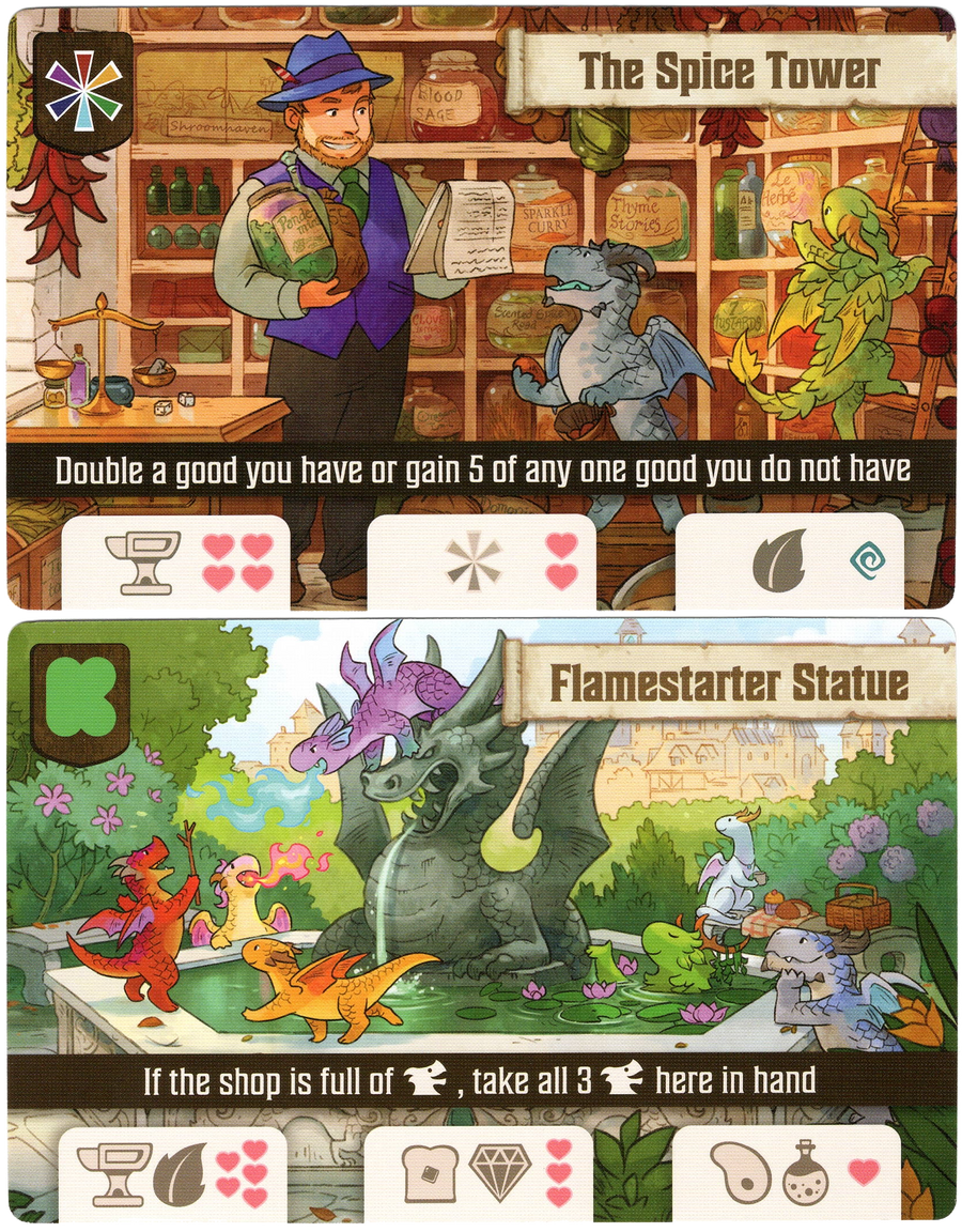 Two cards for use with the board game Flamecraft. The first card depicts a man in a blue vest and blue hat standing in front of jars on shelves, and serving a pair of baby dragons. The second card shows an illustration of baby dragons playing outside around and top of a stone dragon statue. Both cards have a title at the top and symbols depicting the card's ability in the game at the bottom.