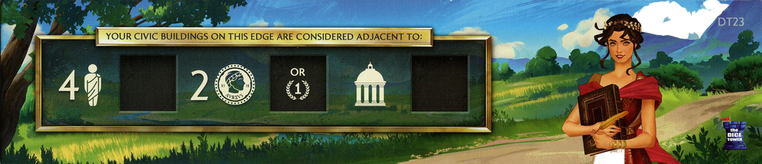 A long, horizontal, rectangular cardboard piece, for use with the board game Foundations of Rom. The background of the piece is decorated with an illustration of a dirt road in a grassy landscape with the figure of a woman in the red dress on the right side. On the left side is a floating box with symbols and a title text box for use in the game.