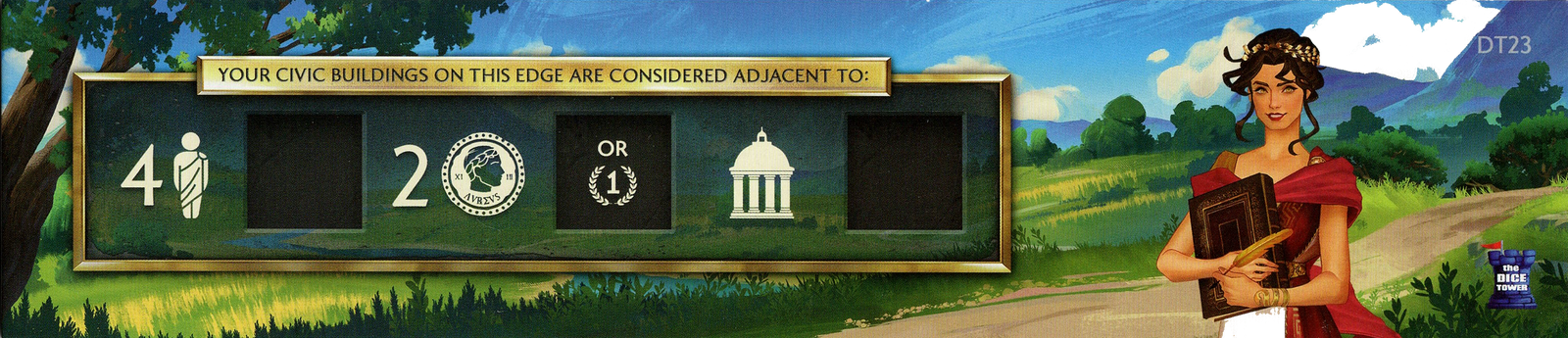 A long, horizontal, rectangular cardboard piece, for use with the board game Foundations of Rom. The background of the piece is decorated with an illustration of a dirt road in a grassy landscape with the figure of a woman in the red dress on the right side. On the left side is a floating box with symbols and a title text box for use in the game.
