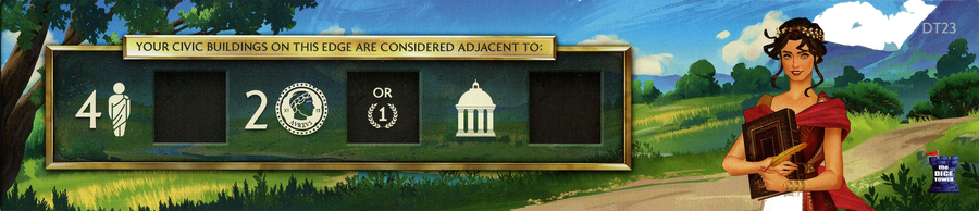 A long, horizontal, rectangular cardboard piece, for use with the board game Foundations of Rom. The background of the piece is decorated with an illustration of a dirt road in a grassy landscape with the figure of a woman in the red dress on the right side. On the left side is a floating box with symbols and a title text box for use in the game.