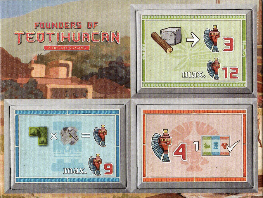 A set of three cardboard tiles for use with the board game Founders of Teotihuacan. Each rectangular tiles is a different color and depicts symbols in the center that describe the tile's abilities in the game. All the tiles are contained within a larger punchboard which displays the game's title and an illustration of a building among trees and hills.