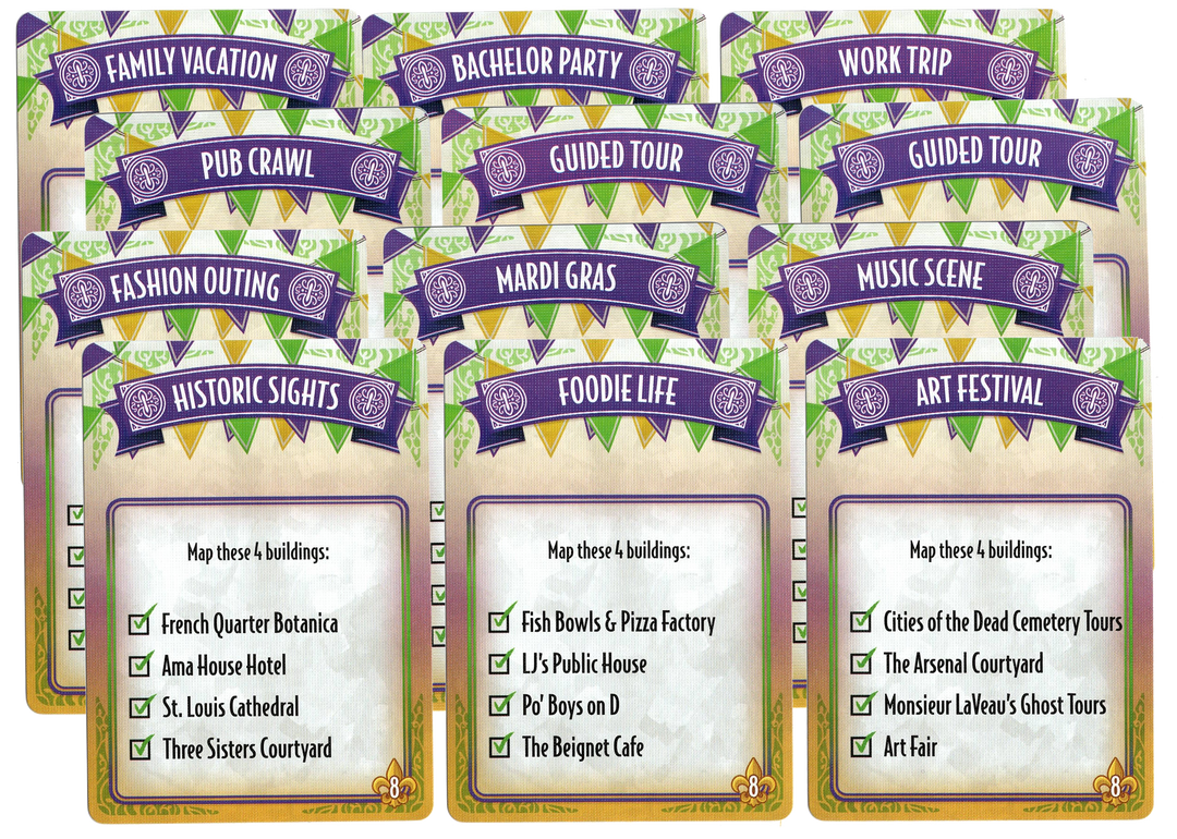 A photo of the mini expansion Tourism Expansion for the board game French Quarter on a white background. The photo features a display of cards with text in English,