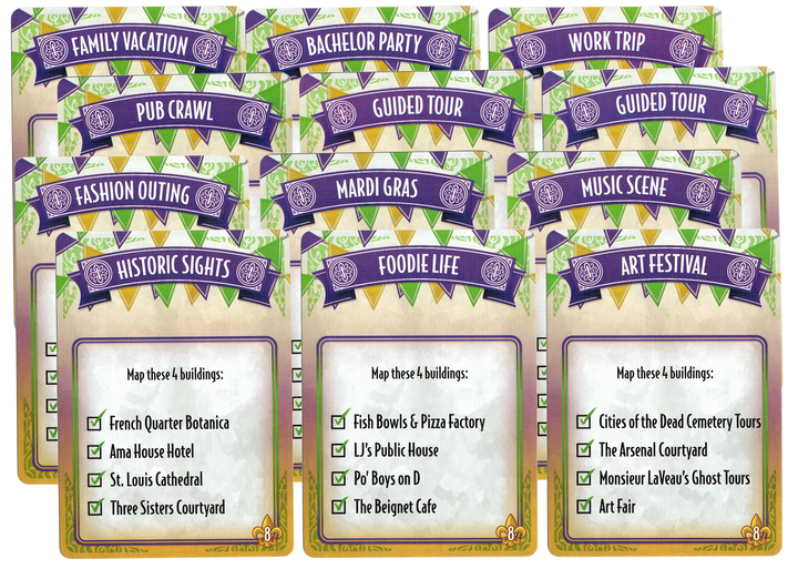 A photo of the mini expansion Tourism Expansion for the board game French Quarter on a white background. The photo features a display of cards with text in English,