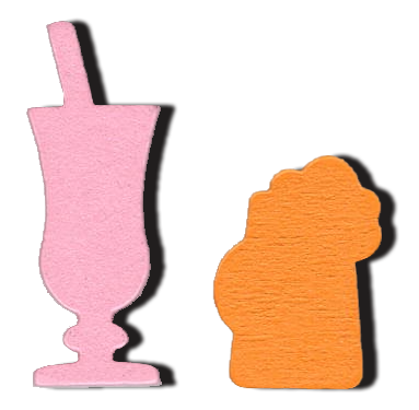 A photo of the wooden tokens from the mini expansion Tourism Expansion for the board game French Quarter on a white background. The photo features a closeup of two wooden tokens, both in the shapes of fancy alcoholic drinks.