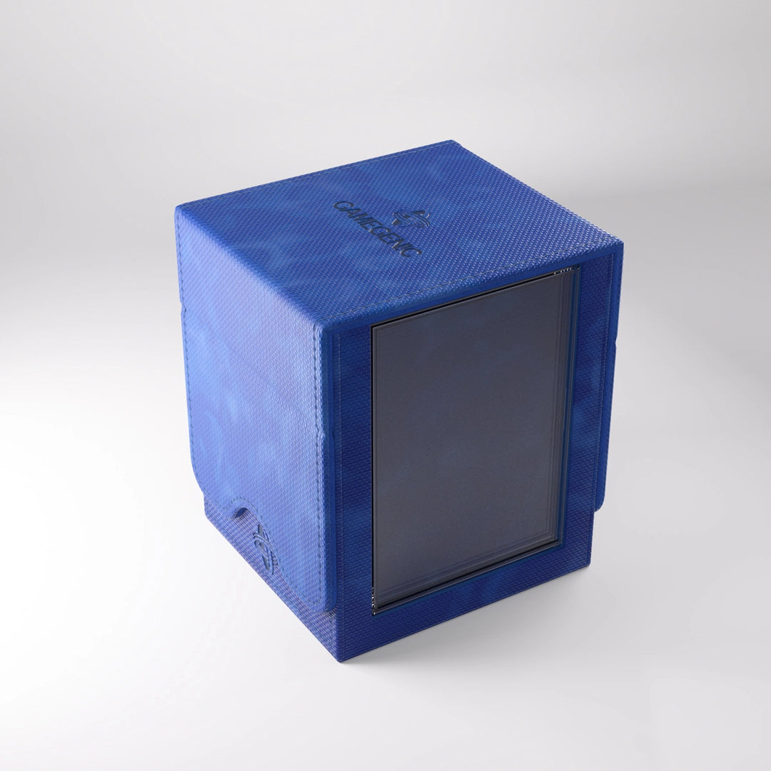 A photo of a blue, fabric box on a white background with the lid closed. The box has a clear card holder on one side, allowing one card to be visible.