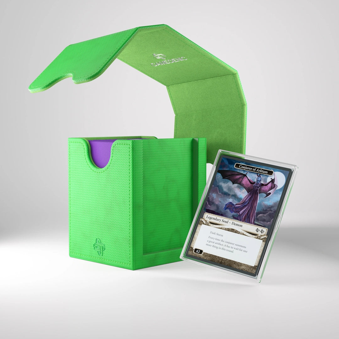 A photo of a green, fabric box on a white background. The box is filled with cards and one card is floating to the side of box, after being removed from an insert slot on the side. The lid is removed and floating in midair above the box.