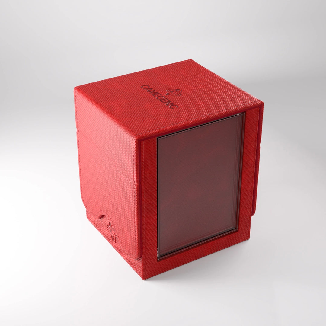 A photo of a red, fabric box on a white background with the lid closed. The box has a clear card holder on one side, allowing one card to be visible.