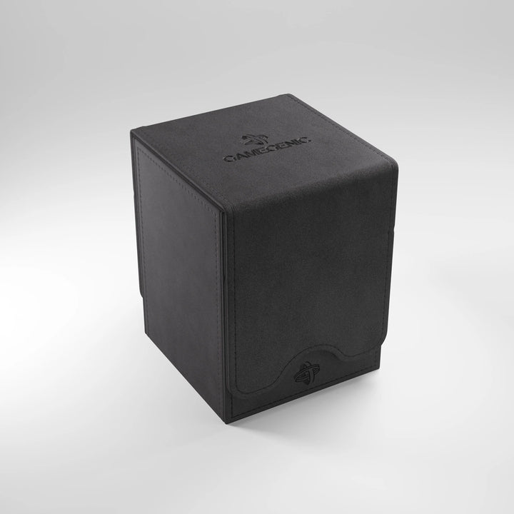 A photo of a black, fabric box on a white background, with the lid closed.