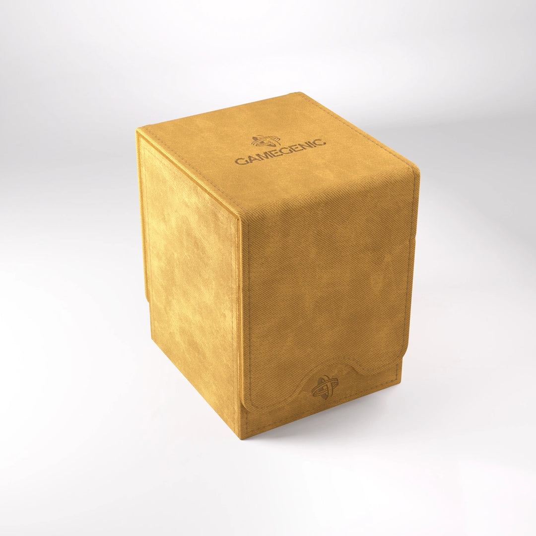 A photo of a tan, fabric box on a white background, with the lid closed.