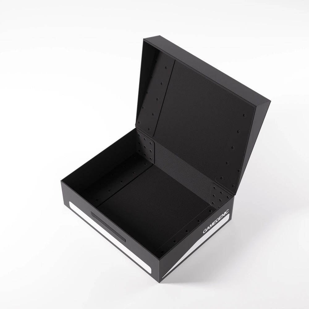 A photo of a black, plastic box with the lid open on a white background. The lid is open and the box is empty.