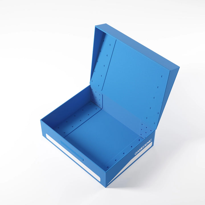 A photo of a blue, plastic box with the lid open on a white background. The lid is open and the box is empty.