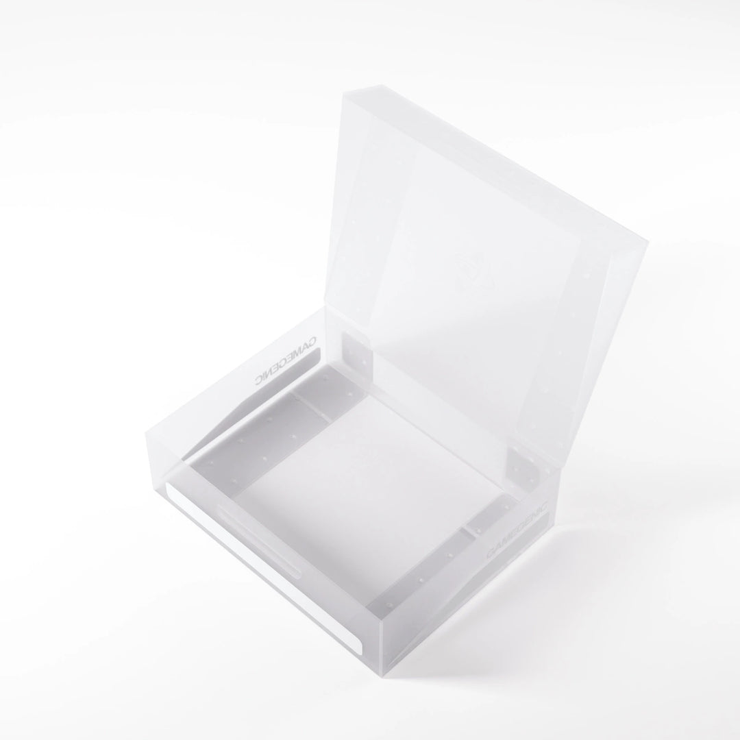 A photo of a clear, plastic box with the lid open on a white background. The lid is open and the box is empty.