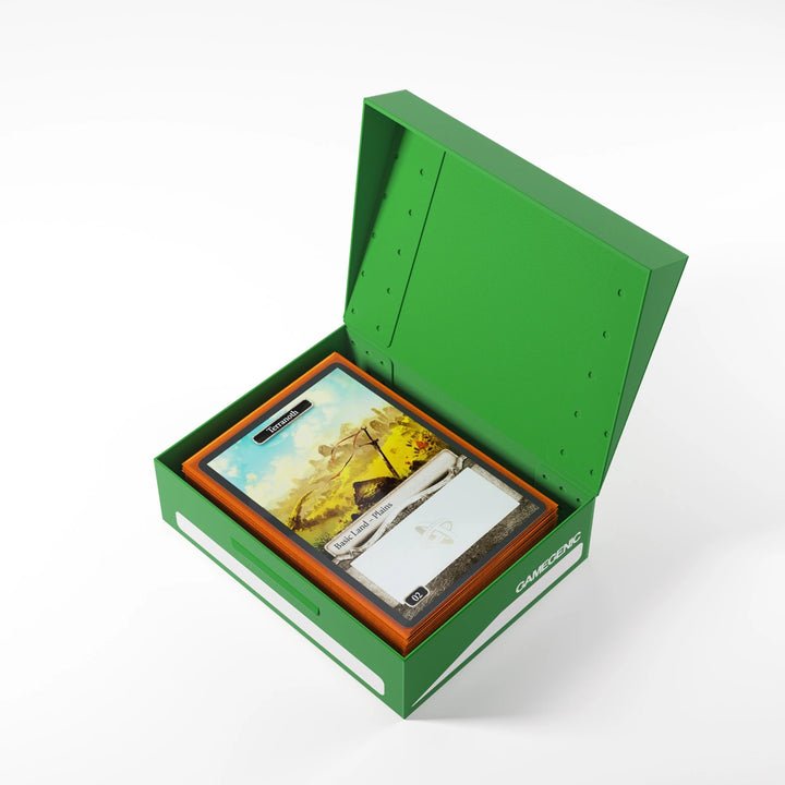 A photo of a green, plastic box with the lid open on a white background. The lid is open and the box is filled with cards.