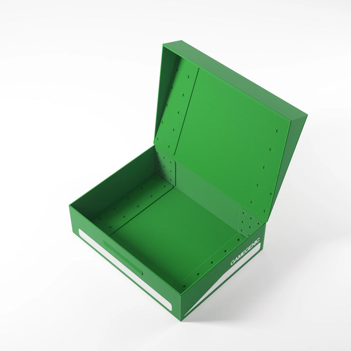 A photo of a green, plastic box with the lid open on a white background. The lid is open and the box is empty.