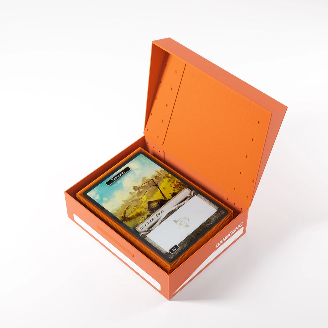 A photo of an orange, plastic box with the lid open on a white background. The lid is open and the box is filled with cards.