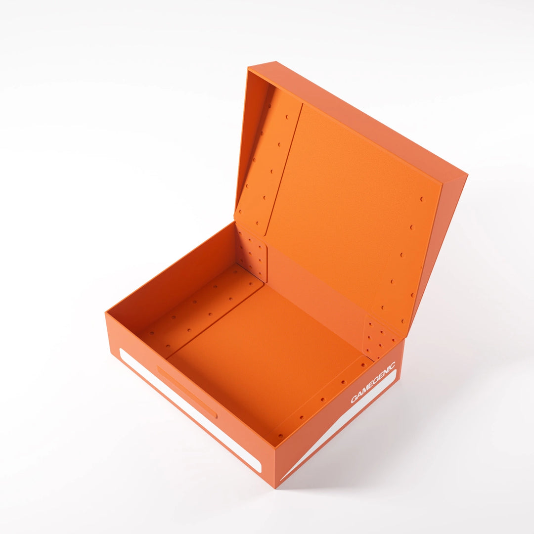 A photo of an orange, plastic box with the lid open on a white background. The lid is open and the box is empty.