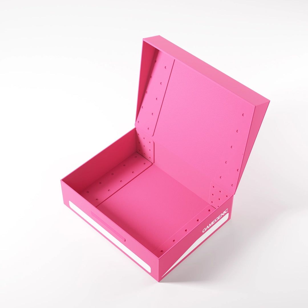 A photo of a pink, plastic box with the lid open on a white background. The lid is open and the box is empty.