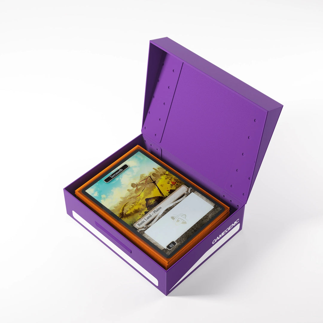 A photo of a purple, plastic box with the lid open on a white background. The lid is open and the box is filled with cards.