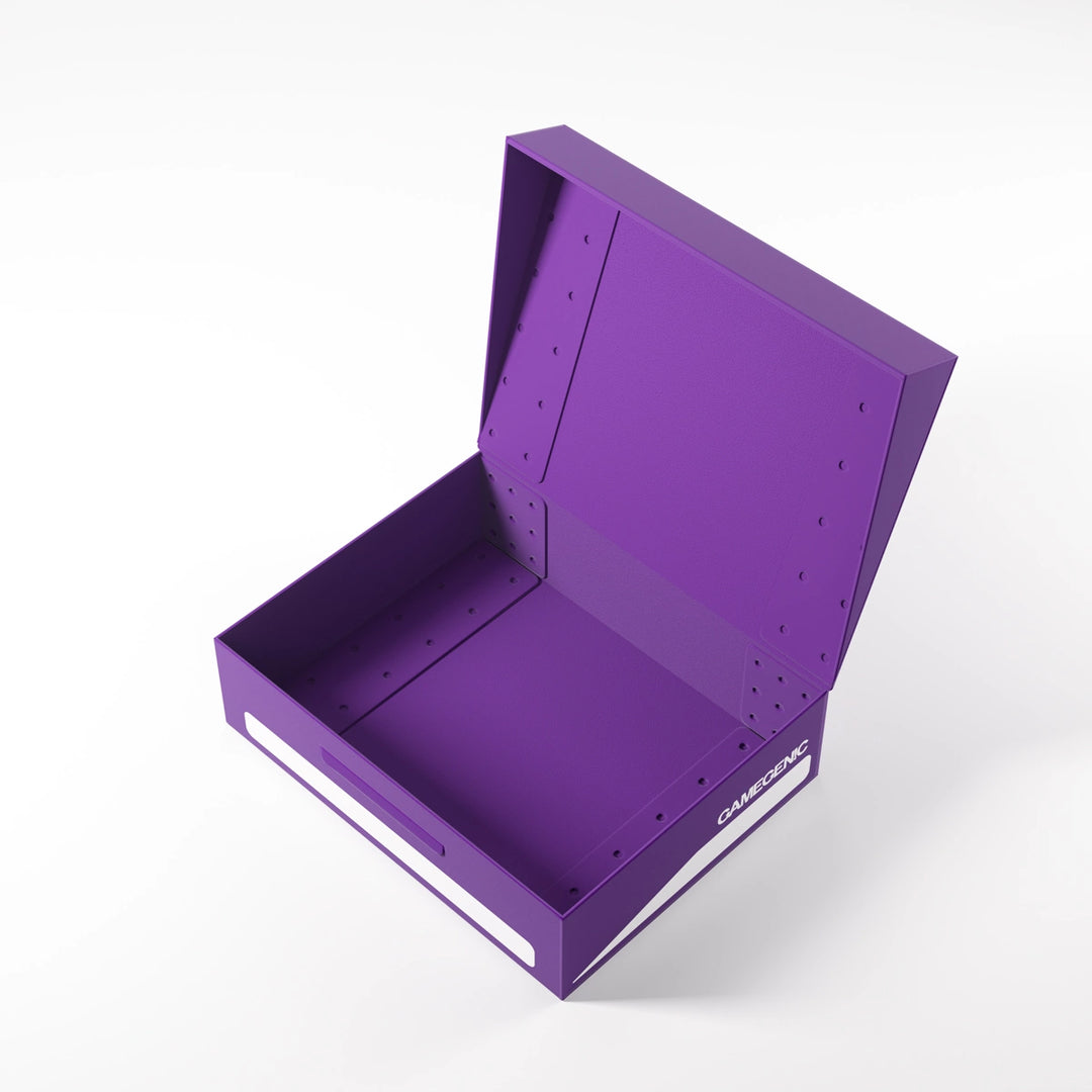 A photo of a purple, plastic box with the lid open on a white background. The lid is open and the box is empty.