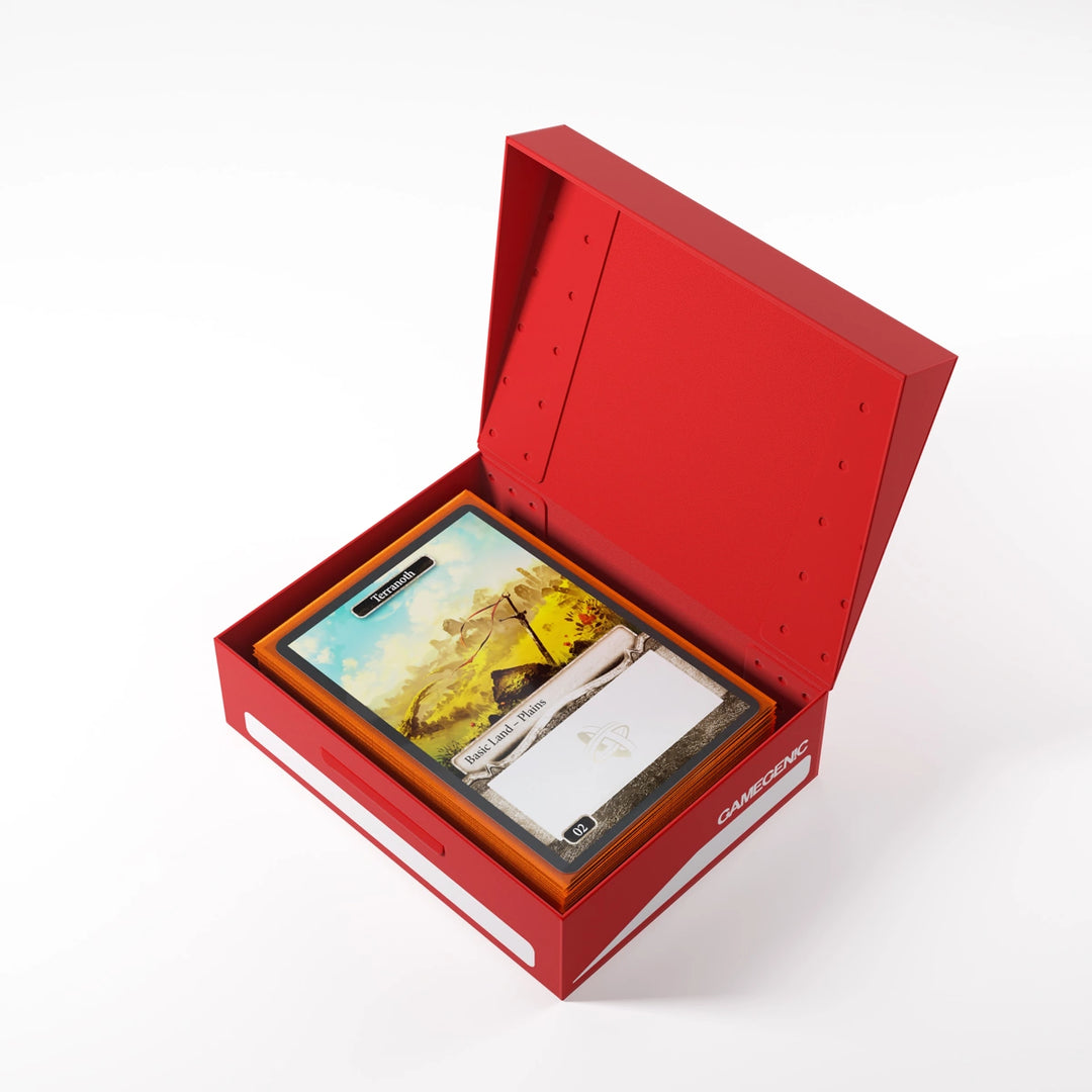 A photo of a red, plastic box with the lid open on a white background. The lid is open and the box is filled with cards.